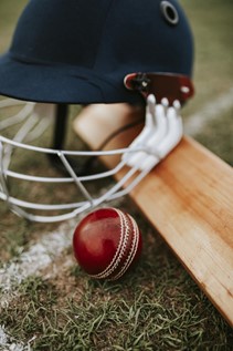 Cricket helmet, cricket bat and ball